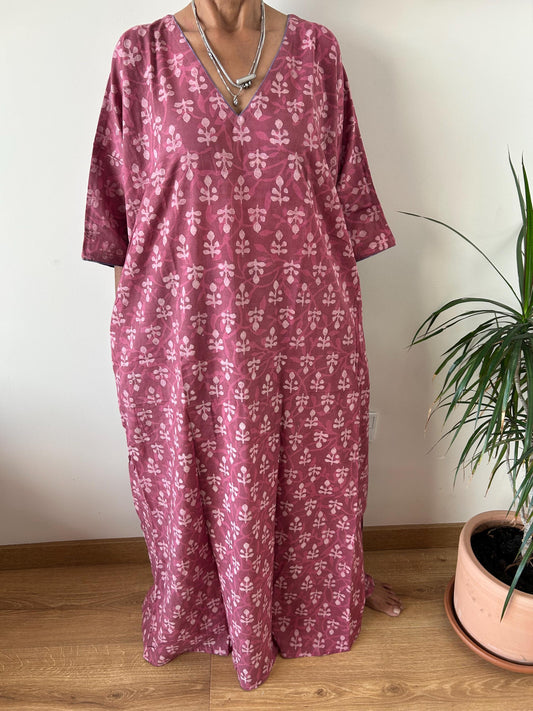 Pink cotton kaftan,caftan, resort wear,loungewear,gifts for her,boho dress,a line dress,block print dress