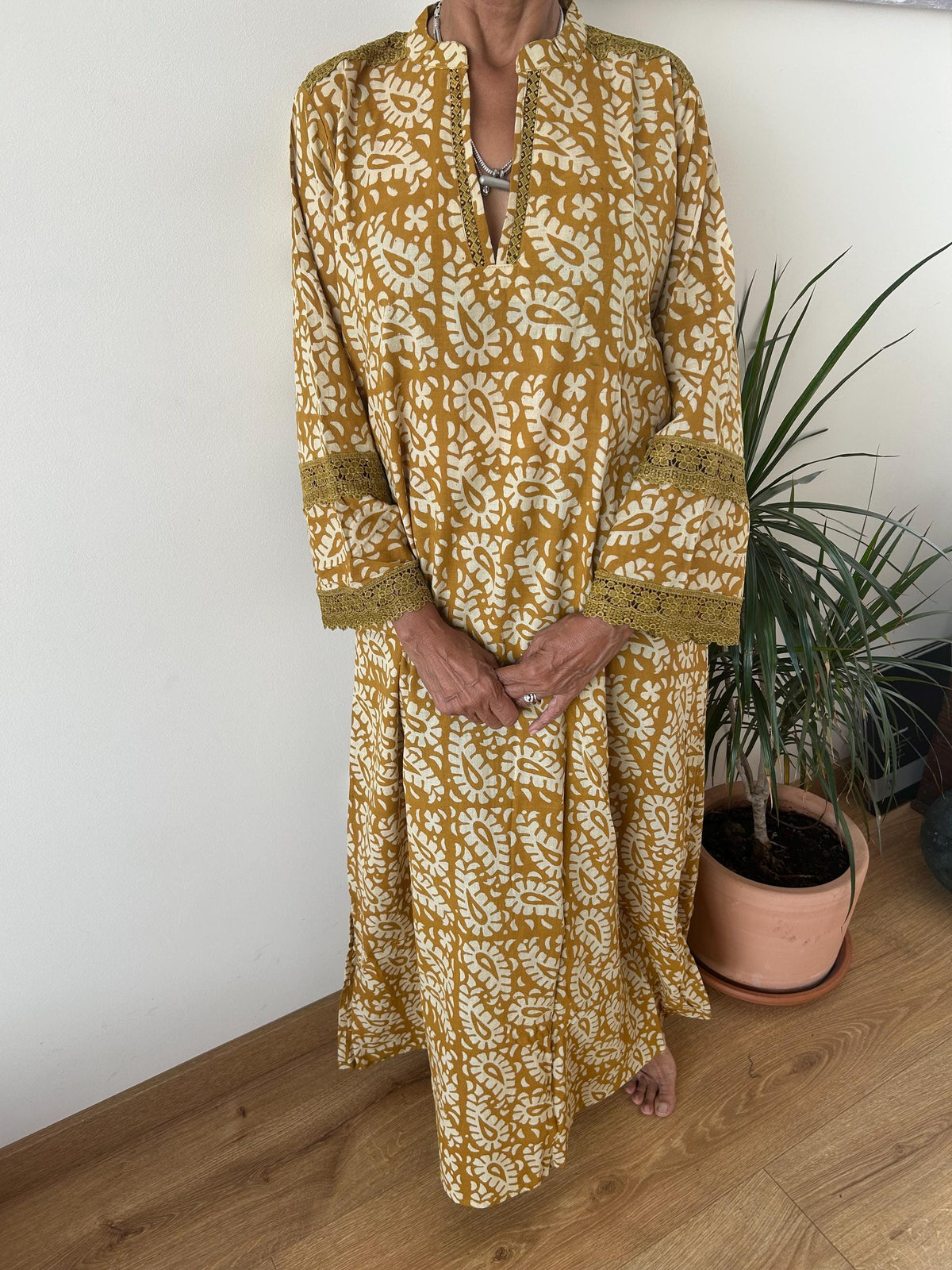Mustard beige Chinese collar cotton kaftan,caftan, resort wear,loungewear,gifts for her,boho dress,a line dress,block print dress