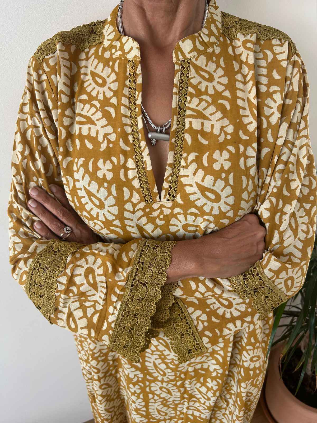 Mustard beige Chinese collar cotton kaftan,caftan, resort wear,loungewear,gifts for her,boho dress,a line dress,block print dress