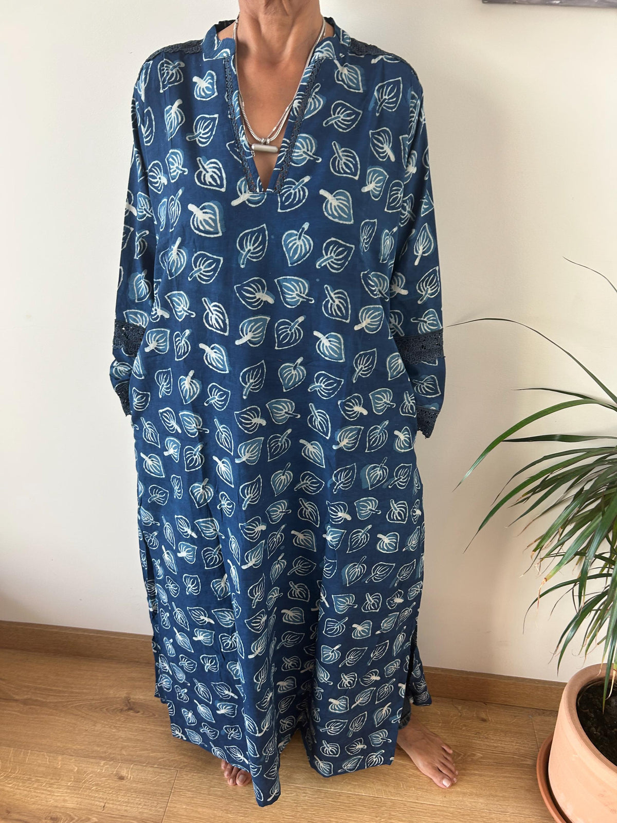 Indigo organic Chinese collar cotton kaftan,caftan, resort wear,loungewear,gifts for her,boho dress,a line dress,block print dress