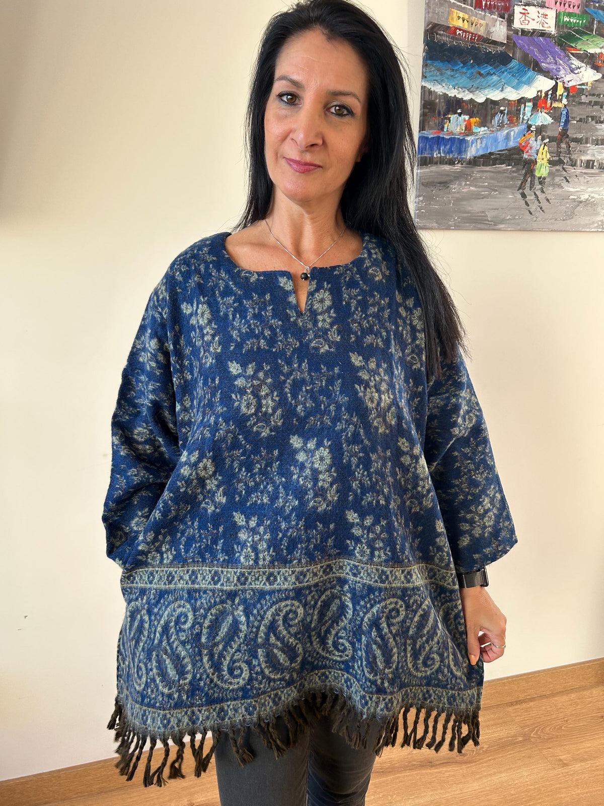 Floral Yak Wool Tunic: Boho Winter Loungewear (Fits XL)