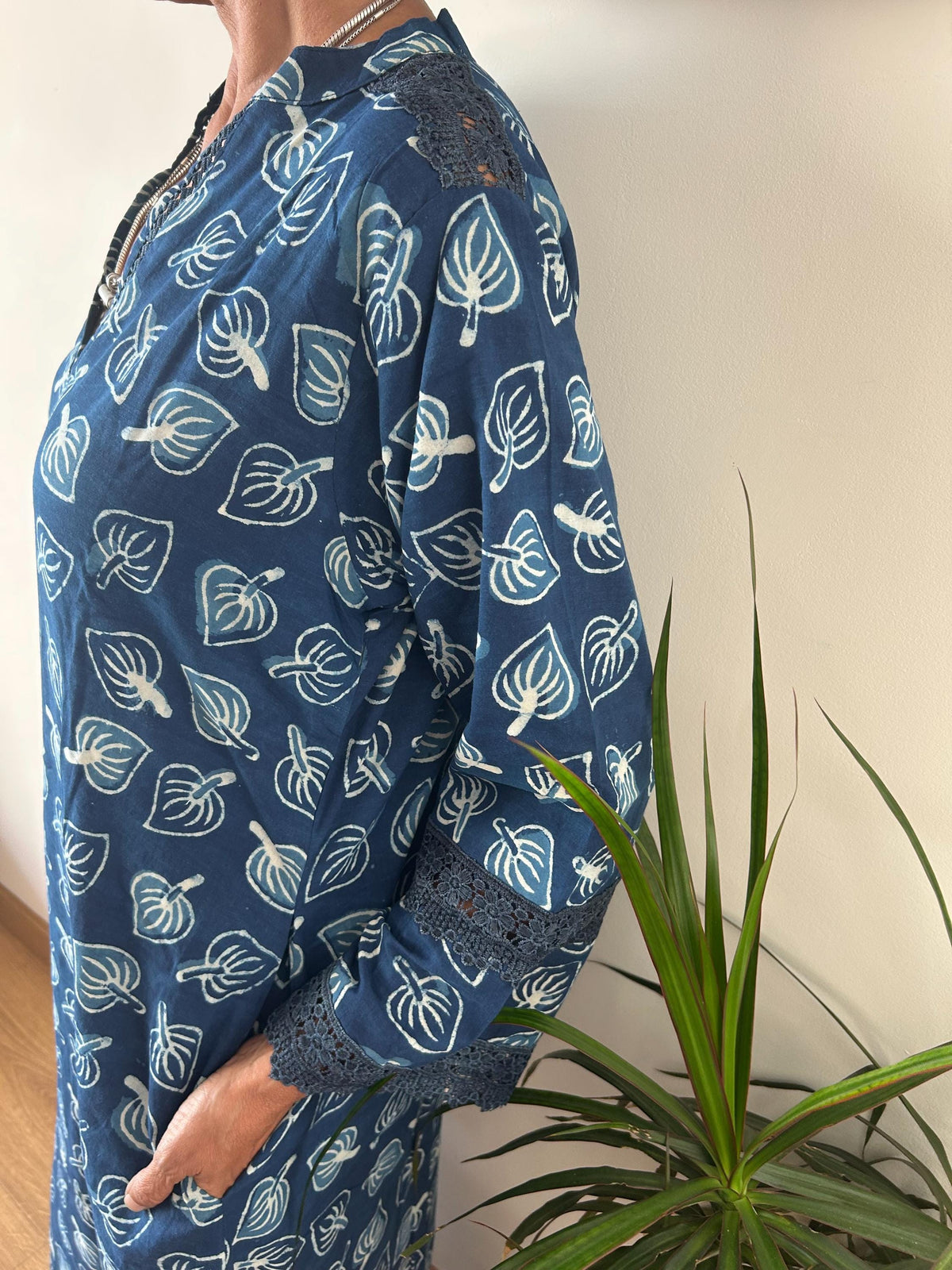 Indigo organic Chinese collar cotton kaftan,caftan, resort wear,loungewear,gifts for her,boho dress,a line dress,block print dress