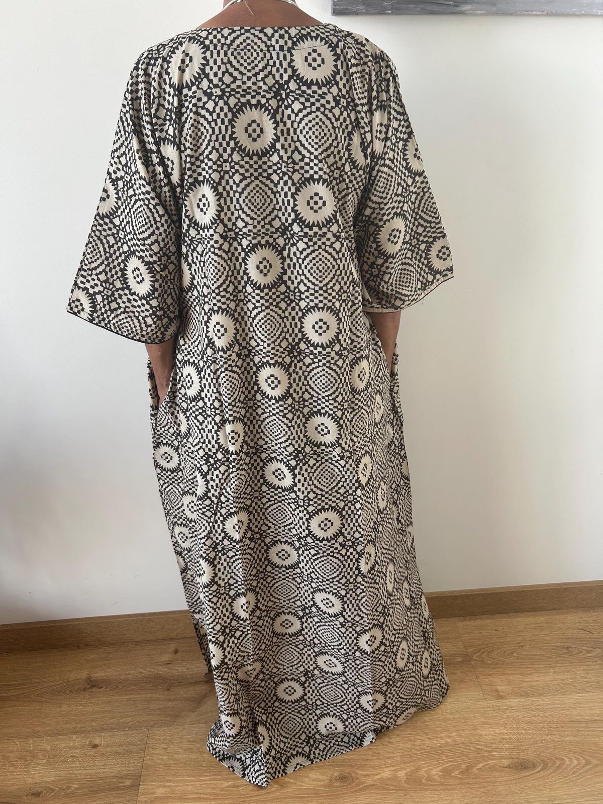 Black beige geometric cotton kaftan,caftan, resort wear,loungewear,gifts for her,boho dress,a line dress,block print dress