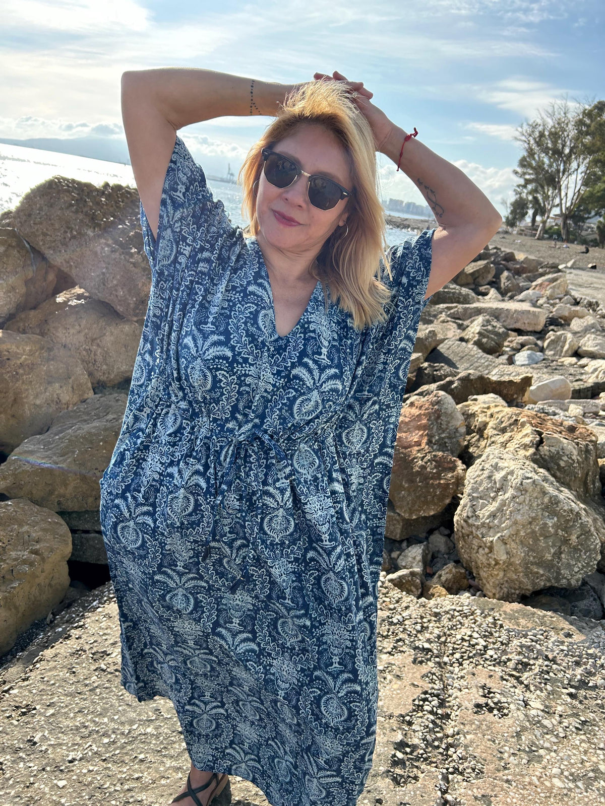 Indigo kaftan with pockets,organic kaftan,gifts for her,resort wear,loungewear,boho dress,plus size dress,gifts for her,Christmas gift