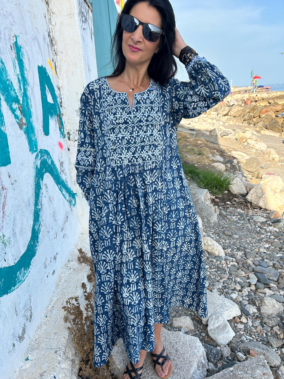 Indigo Embroidered cotton kaftan,caftan, resort wear,loungewear,gifts for her,boho dress,a line dress,block print dress,Resort wear,organic