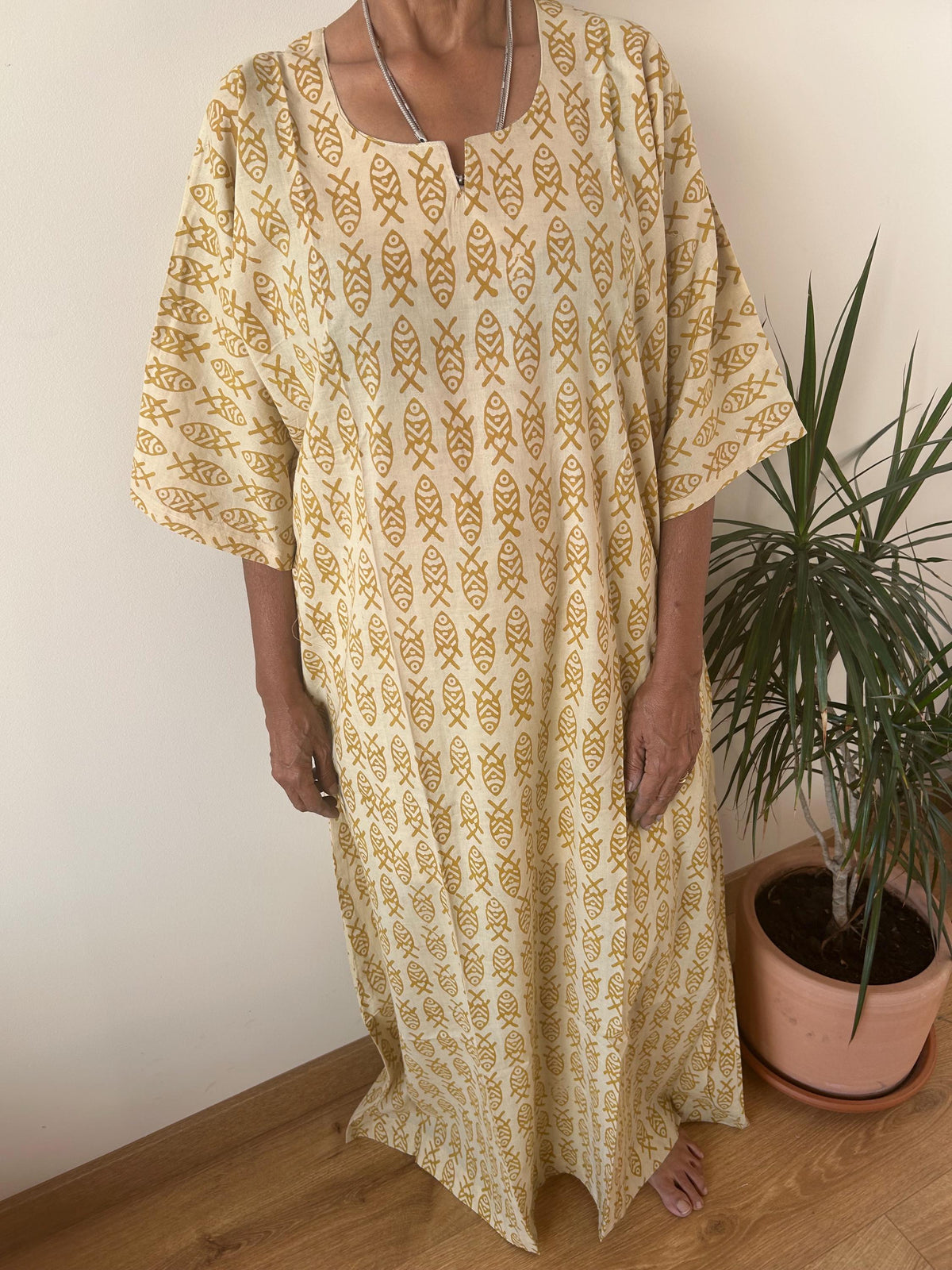 Fish beige  cotton kaftan,caftan, resort wear,loungewear,gifts for her,boho dress,a line dress,block print dress