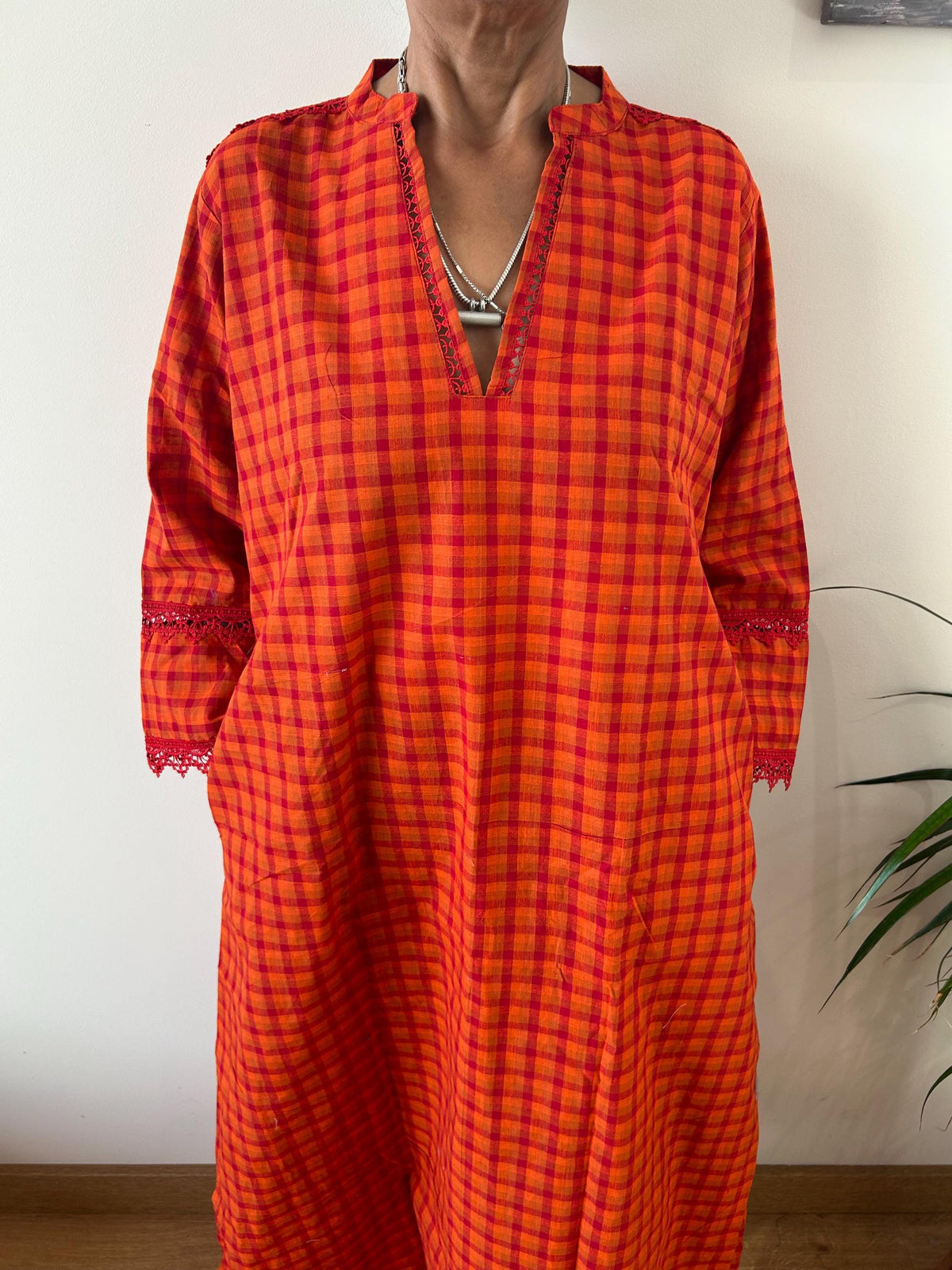 Handwoven checks  Chinese collar cotton kaftan,caftan, resort wear,loungewear,gifts for her,boho dress,a line dress,block print dress