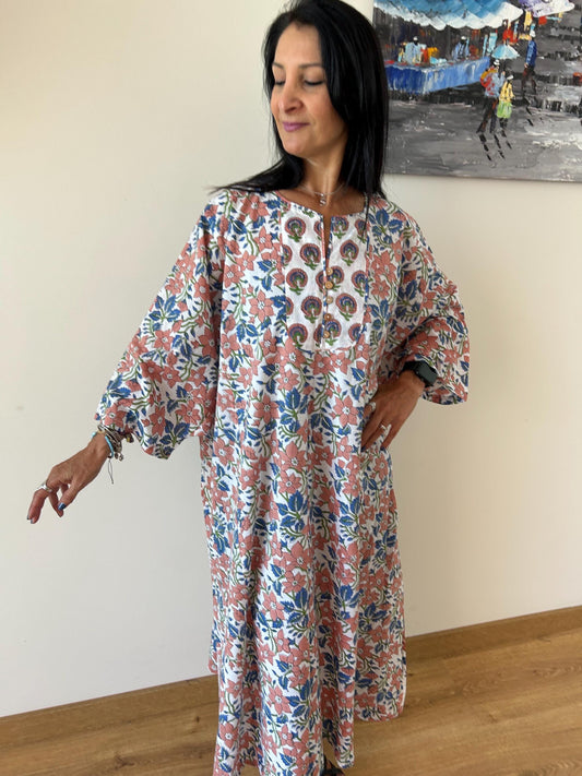 Organic cotton kaftan,caftan, resort wear,loungewear,gifts for her,boho dress,a line dress,block print dress