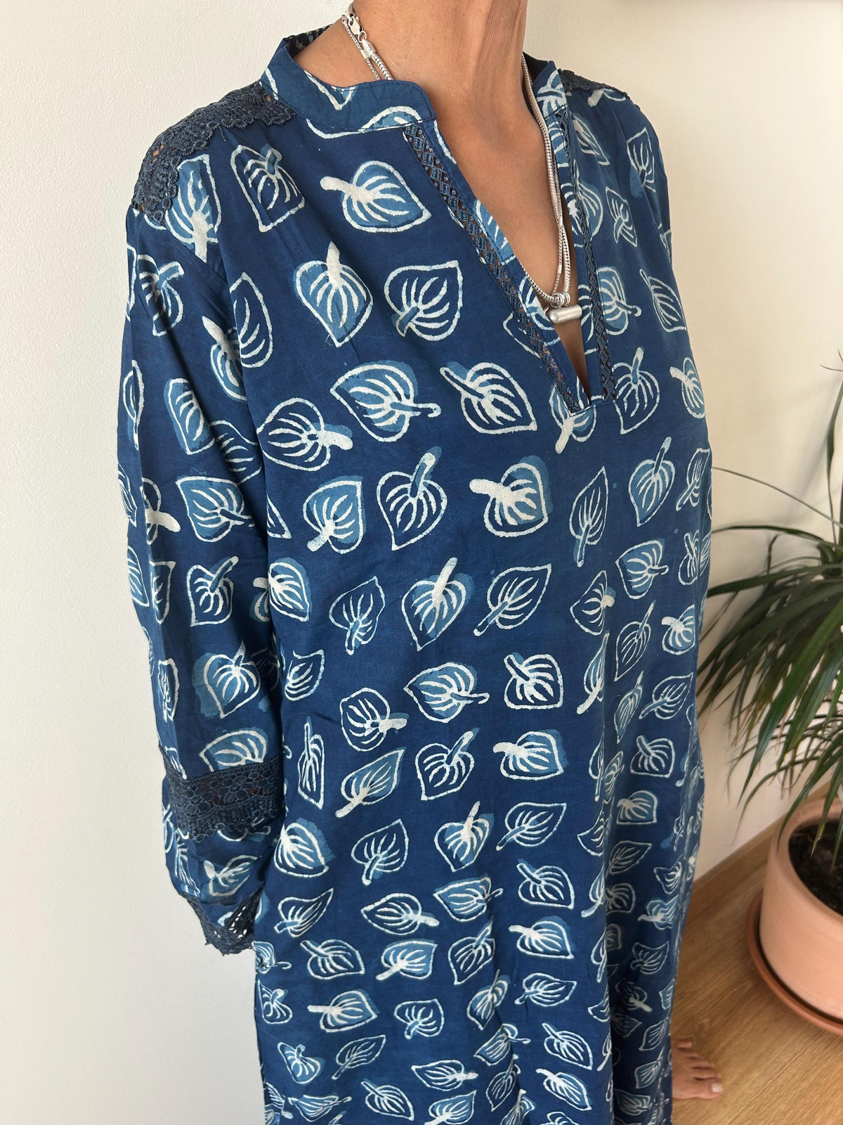 Indigo organic Chinese collar cotton kaftan,caftan, resort wear,loungewear,gifts for her,boho dress,a line dress,block print dress