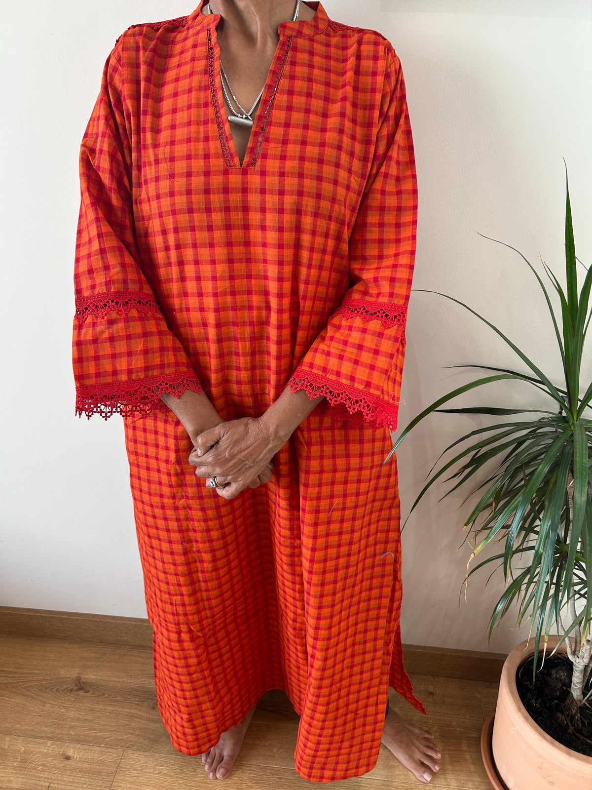 Handwoven checks  Chinese collar cotton kaftan,caftan, resort wear,loungewear,gifts for her,boho dress,a line dress,block print dress