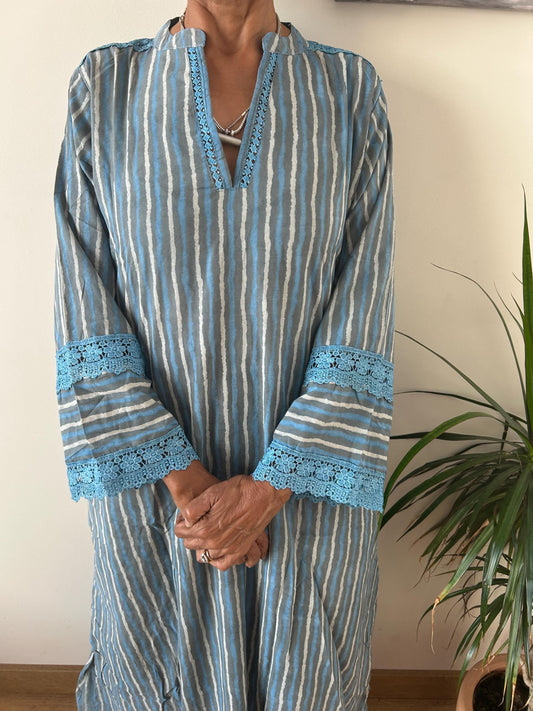 Striped Chinese collar cotton kaftan,caftan, resort wear,loungewear,gifts for her,boho dress,a line dress,block print dress