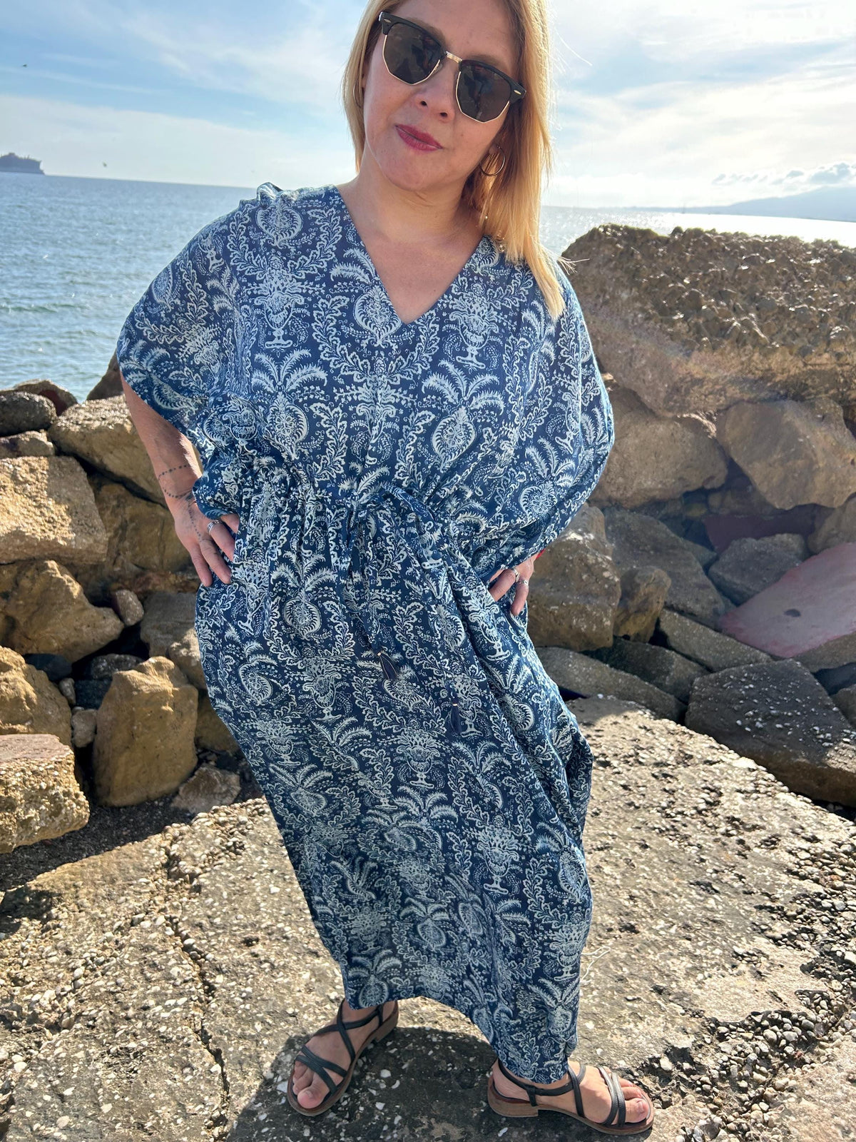 Indigo kaftan with pockets,organic kaftan,gifts for her,resort wear,loungewear,boho dress,plus size dress,gifts for her,Christmas gift