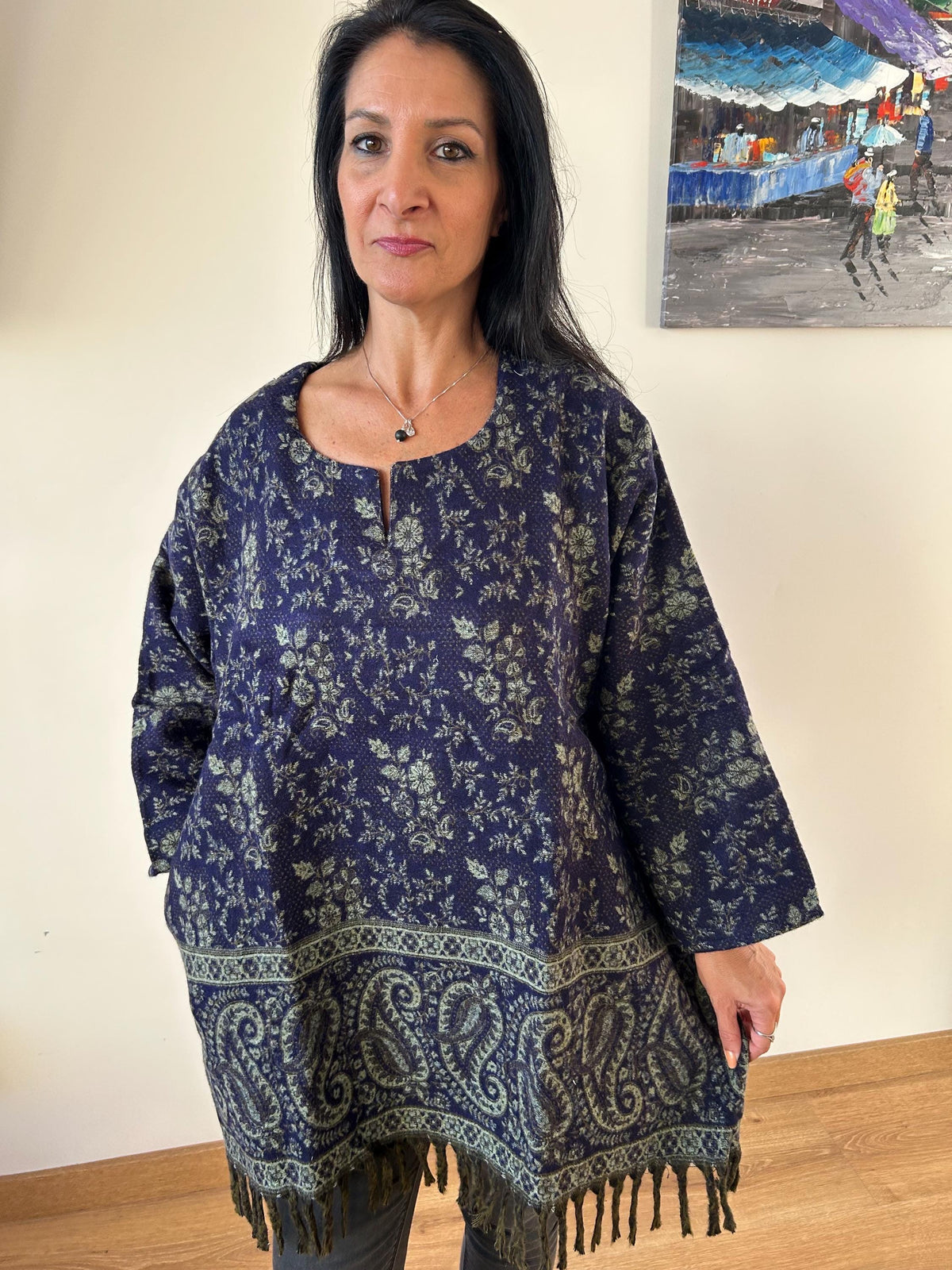 Floral Yak Wool Tunic: Boho Winter Loungewear (Fits XL)
