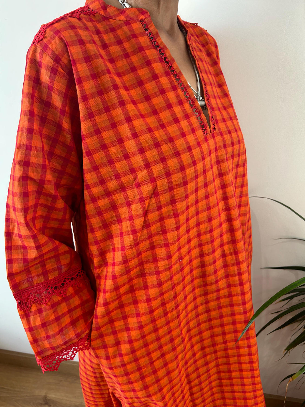 Handwoven checks  Chinese collar cotton kaftan,caftan, resort wear,loungewear,gifts for her,boho dress,a line dress,block print dress