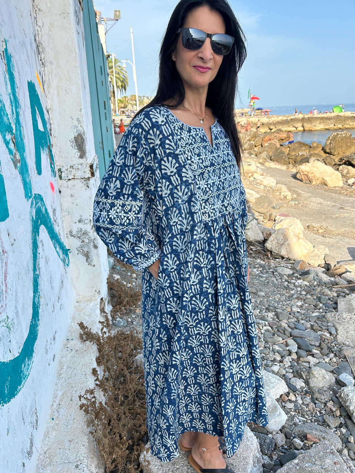 Indigo Embroidered cotton kaftan,caftan, resort wear,loungewear,gifts for her,boho dress,a line dress,block print dress,Resort wear,organic