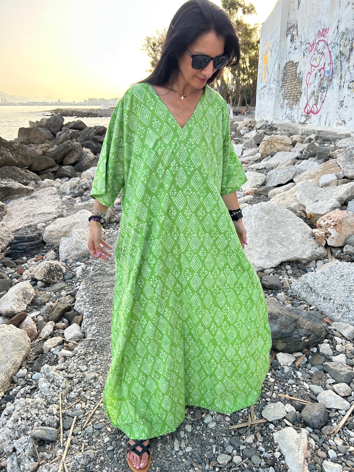 Green cotton kaftan,caftan, resort wear,loungewear,gifts for her,boho dress,a line dress,block print dress