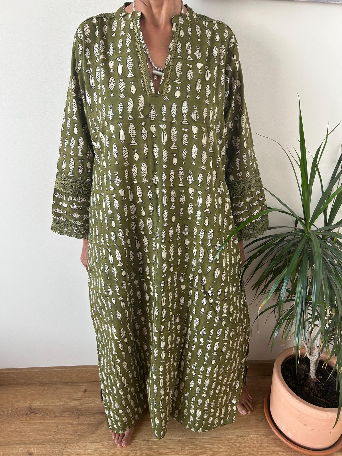 Green fish Chinese collar cotton kaftan,caftan, resort wear,loungewear,gifts for her,boho dress,a line dress,block print dress