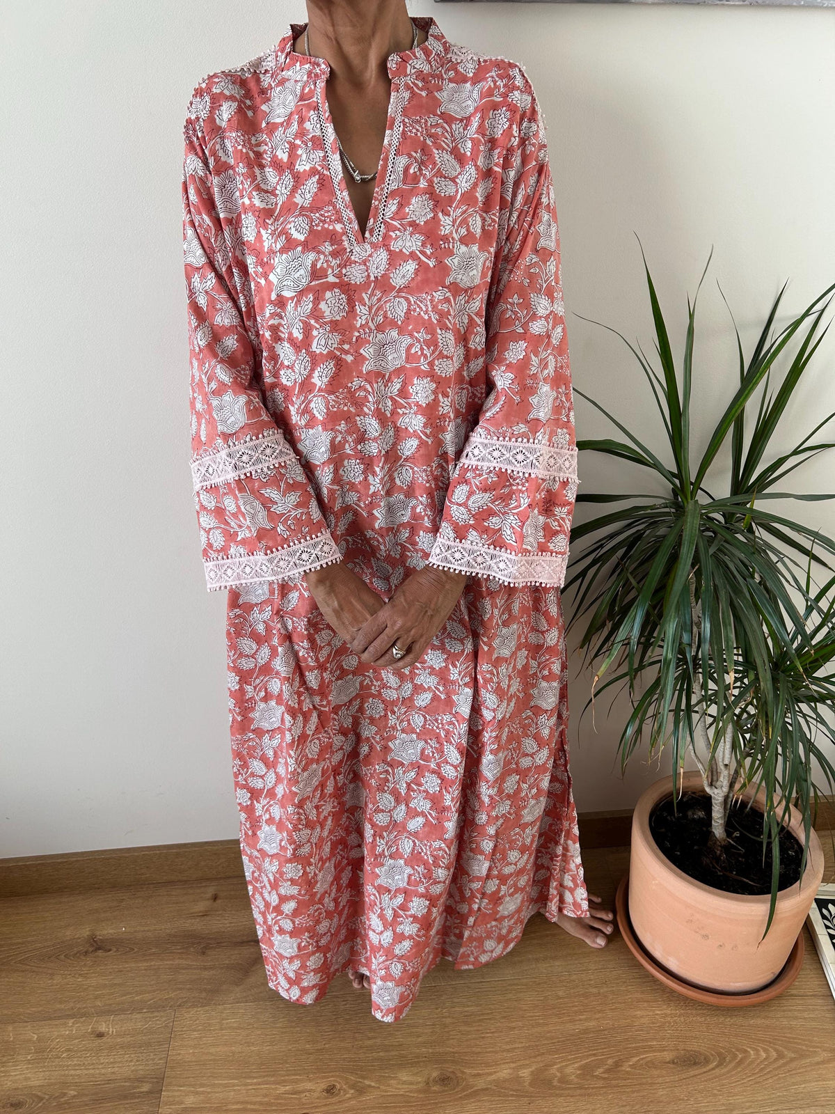 Pink floral Chinese collar cotton kaftan,caftan, resort wear,loungewear,gifts for her,boho dress,a line dress,block print dress