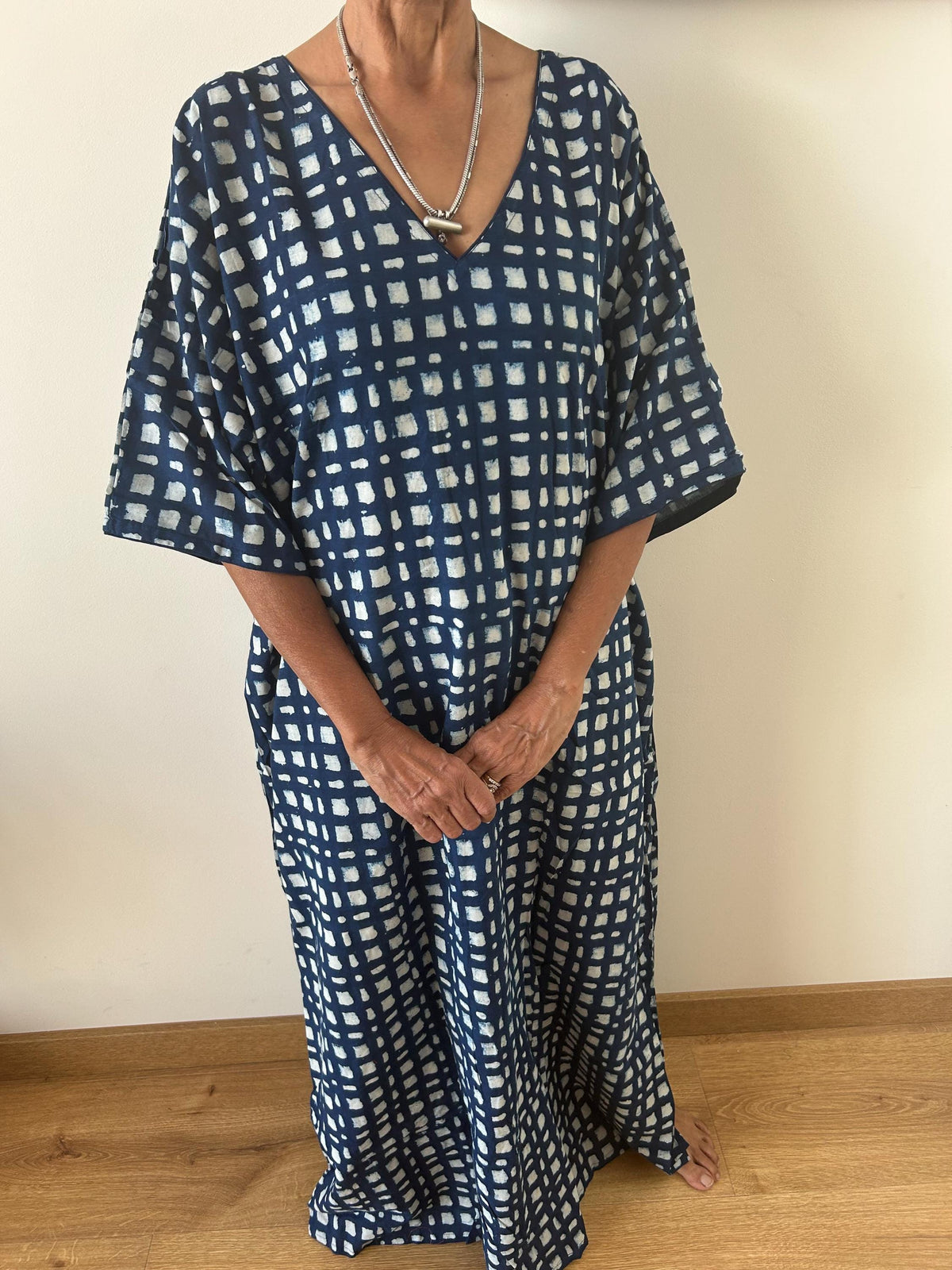 Indigo check cotton kaftan,caftan, resort wear,loungewear,gifts for her,boho dress,a line dress,block print dress