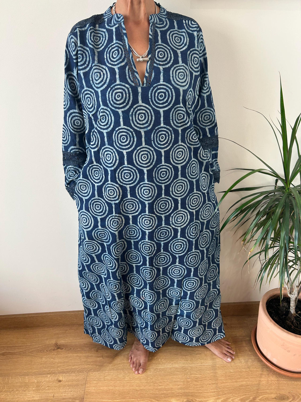 Indigo organic Chinese collar cotton kaftan,caftan, resort wear,loungewear,gifts for her,boho dress,a line dress,block print dress