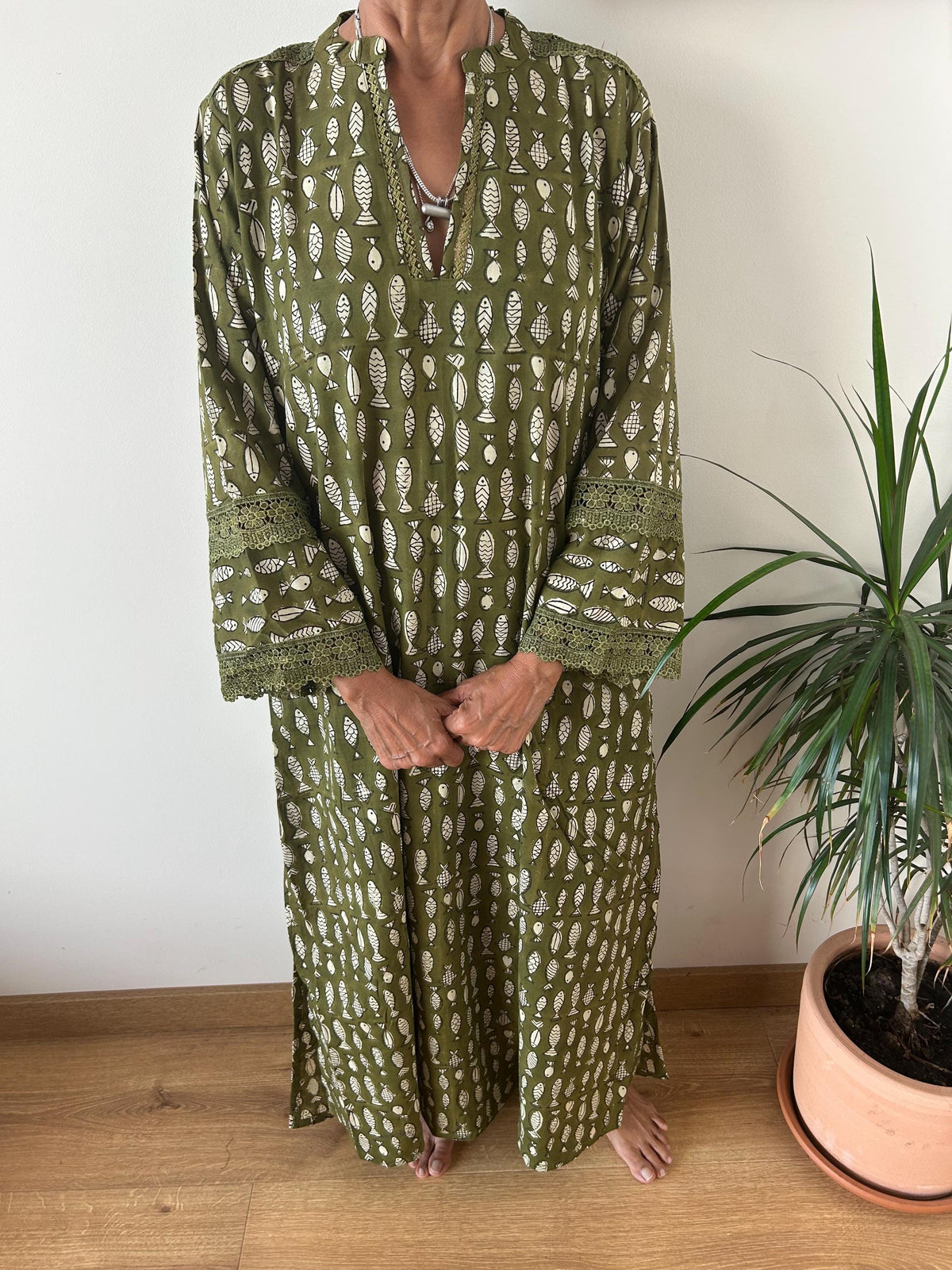 Green fish Chinese collar cotton kaftan,caftan, resort wear,loungewear,gifts for her,boho dress,a line dress,block print dress