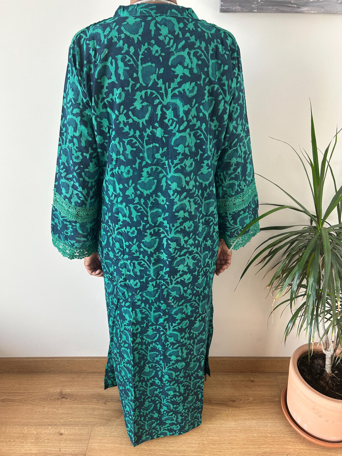 Green floral Chinese collar cotton kaftan,caftan, resort wear,loungewear,gifts for her,boho dress,a line dress,block print dress