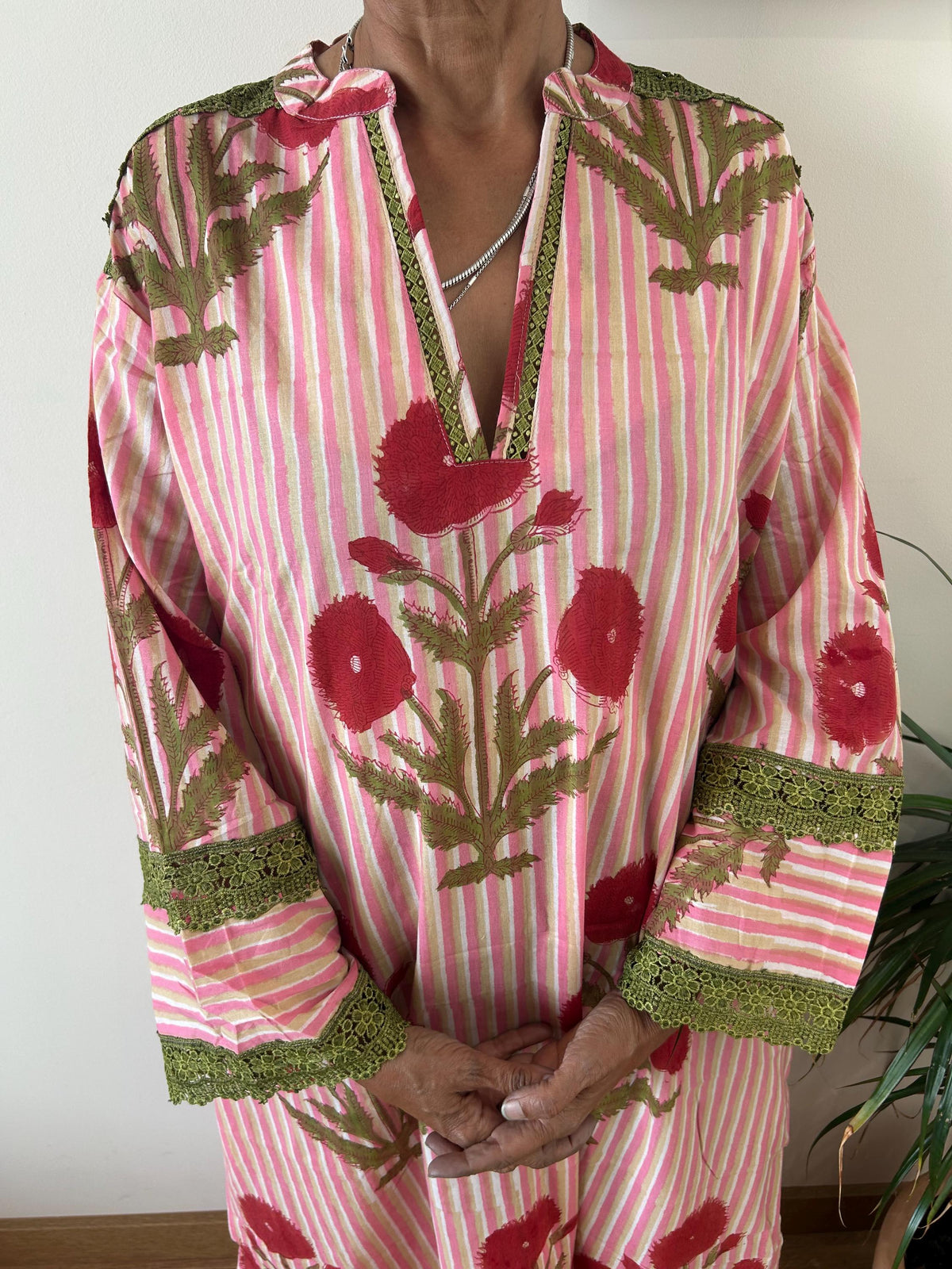 Pink floral striped Chinese collar cotton kaftan,caftan, resort wear,loungewear,gifts for her,boho dress,a line dress,block print dress