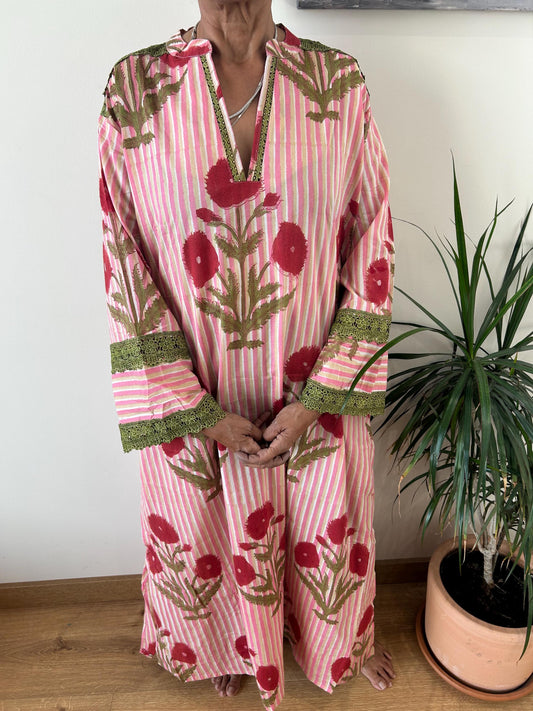 Pink floral striped Chinese collar cotton kaftan,caftan, resort wear,loungewear,gifts for her,boho dress,a line dress,block print dress