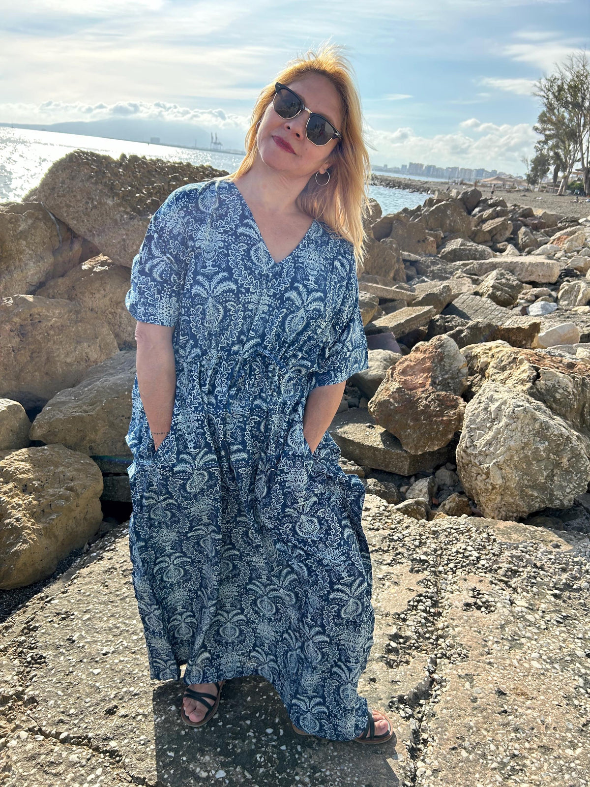 Indigo kaftan with pockets,organic kaftan,gifts for her,resort wear,loungewear,boho dress,plus size dress,gifts for her,Christmas gift