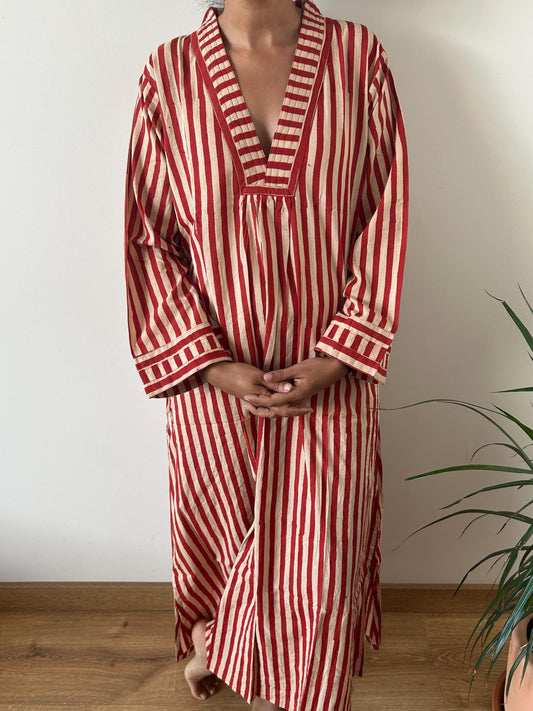 Red stripe  cotton kaftan,caftan, resort wear,loungewear,gifts for her,boho dress,a line dress,block print dress