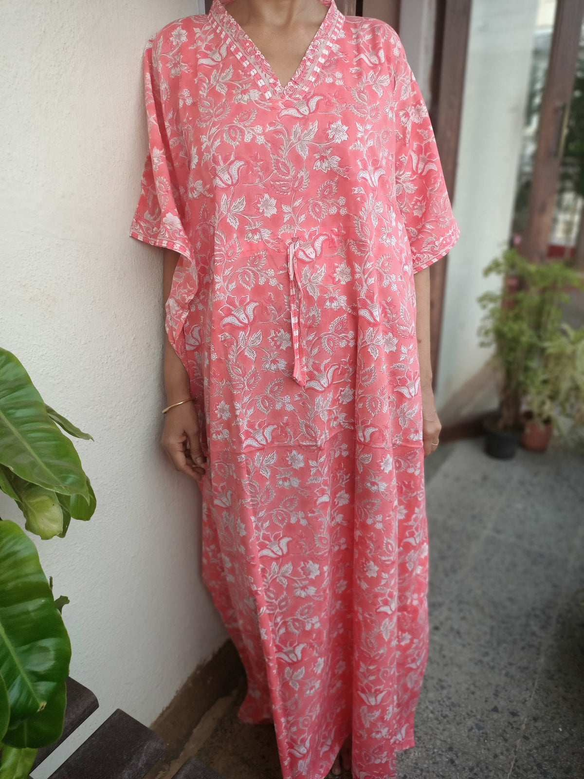 Handmade Block Print Cotton Kaftan: Floral Loungewear Dress